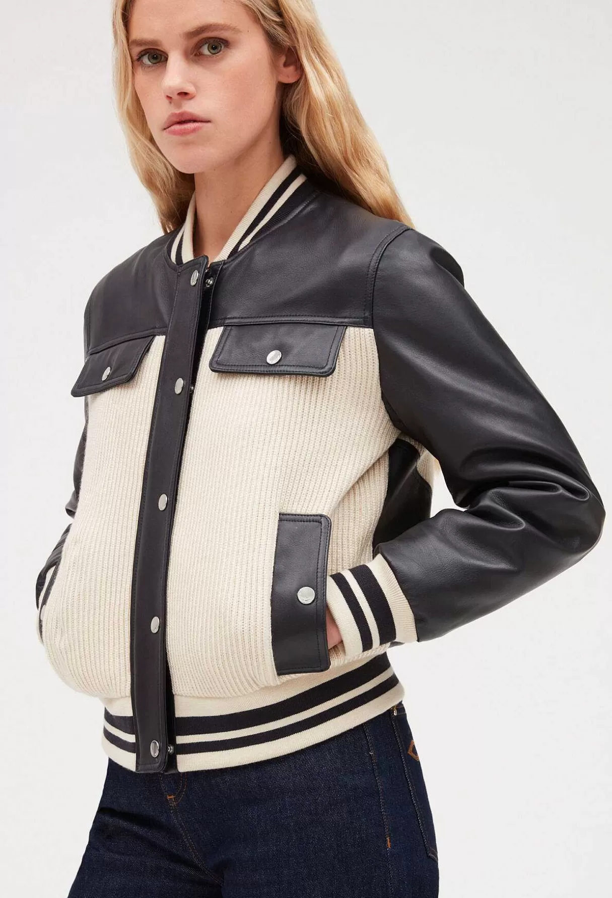 Claudie Pierlot Blouson Cuir Et Maille Bicolore Hot