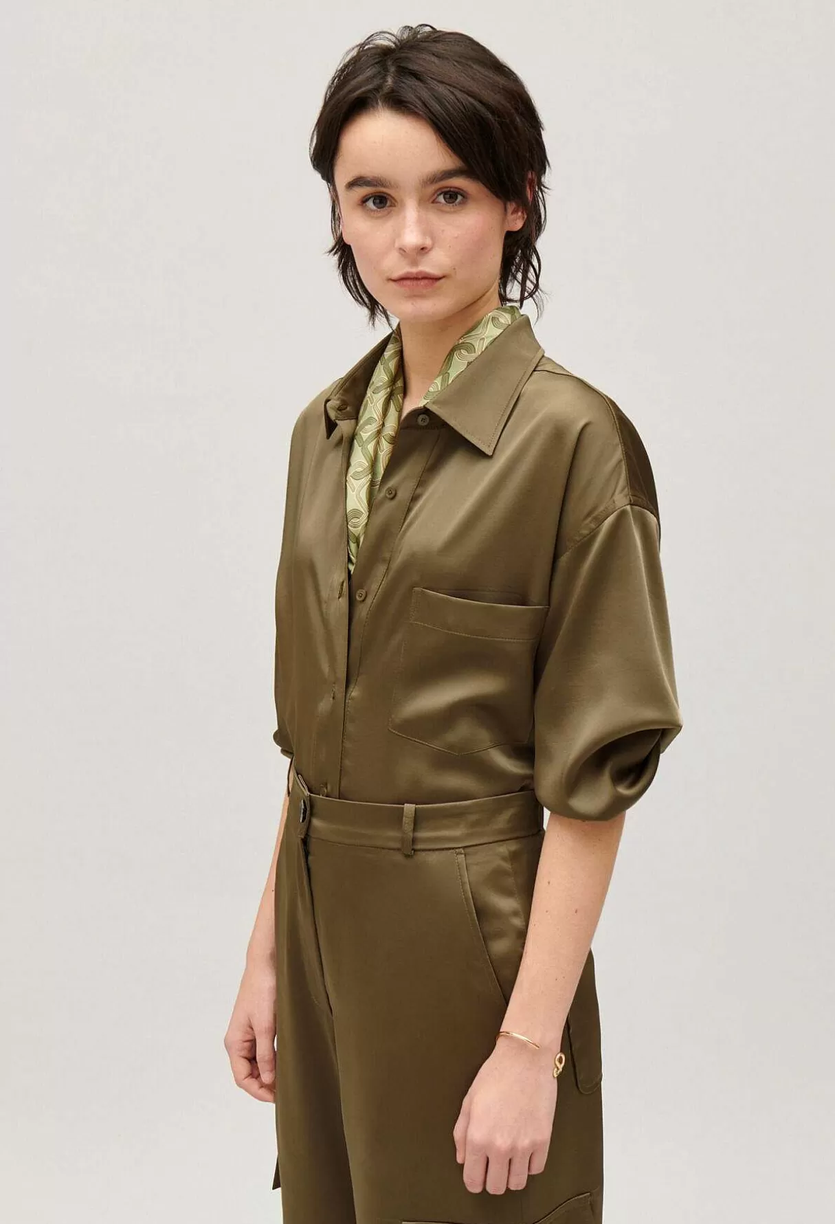 Claudie Pierlot Chemise Satinee Ample Kaki Flash Sale