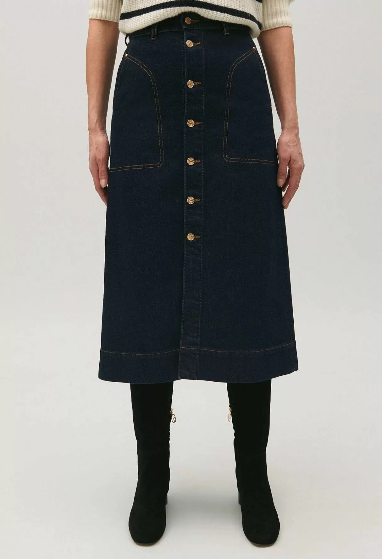 Claudie Pierlot Jupe Mi-Longue Jean Bleu New