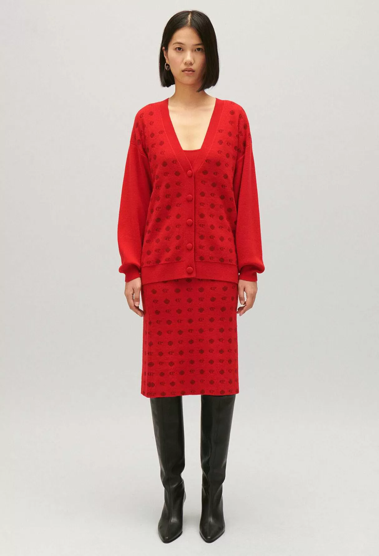 Claudie Pierlot Jupe Mi-Longue Maille Rouge Outlet