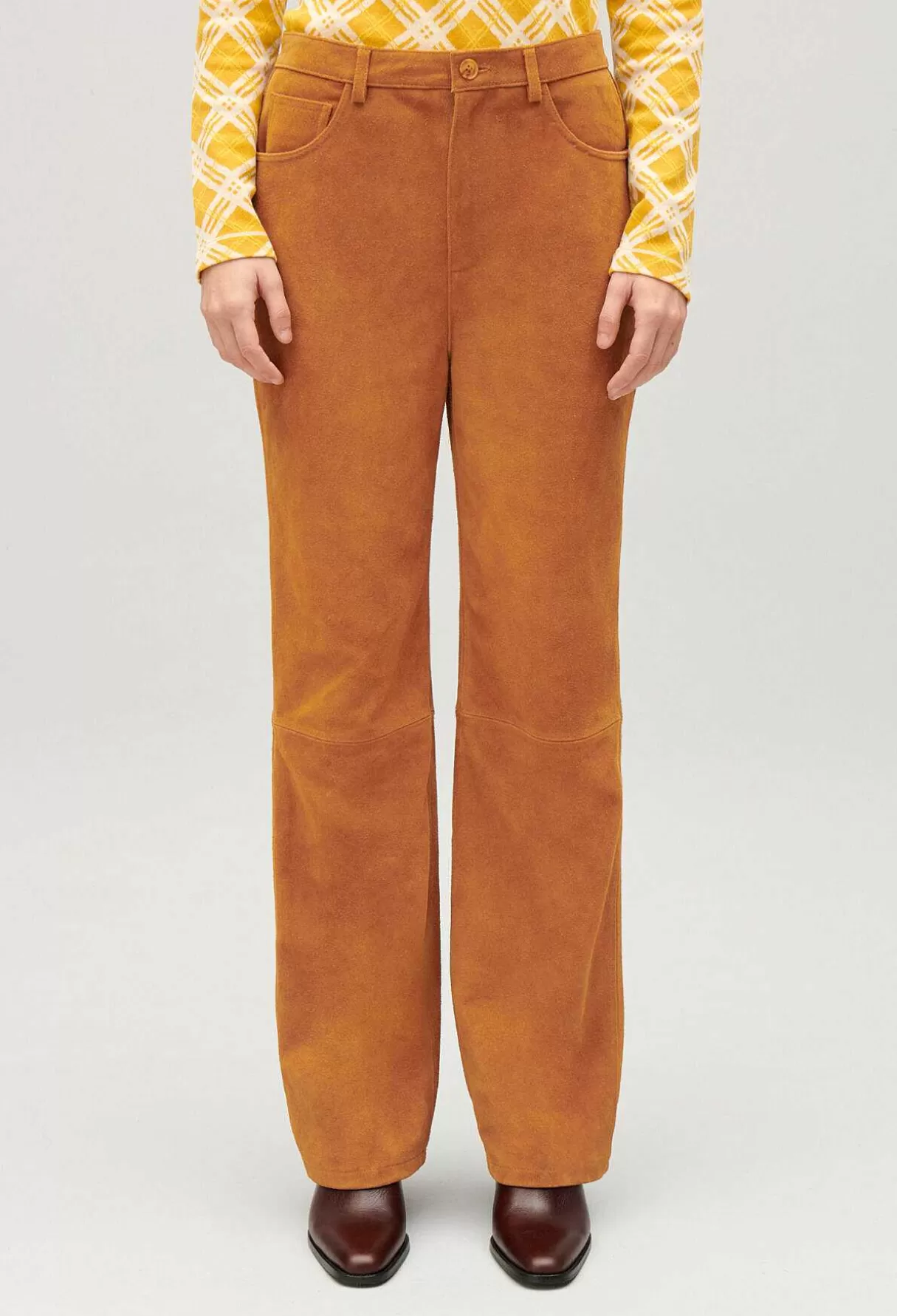 Claudie Pierlot Pantalon Cuir Suede Beige Fonce Discount