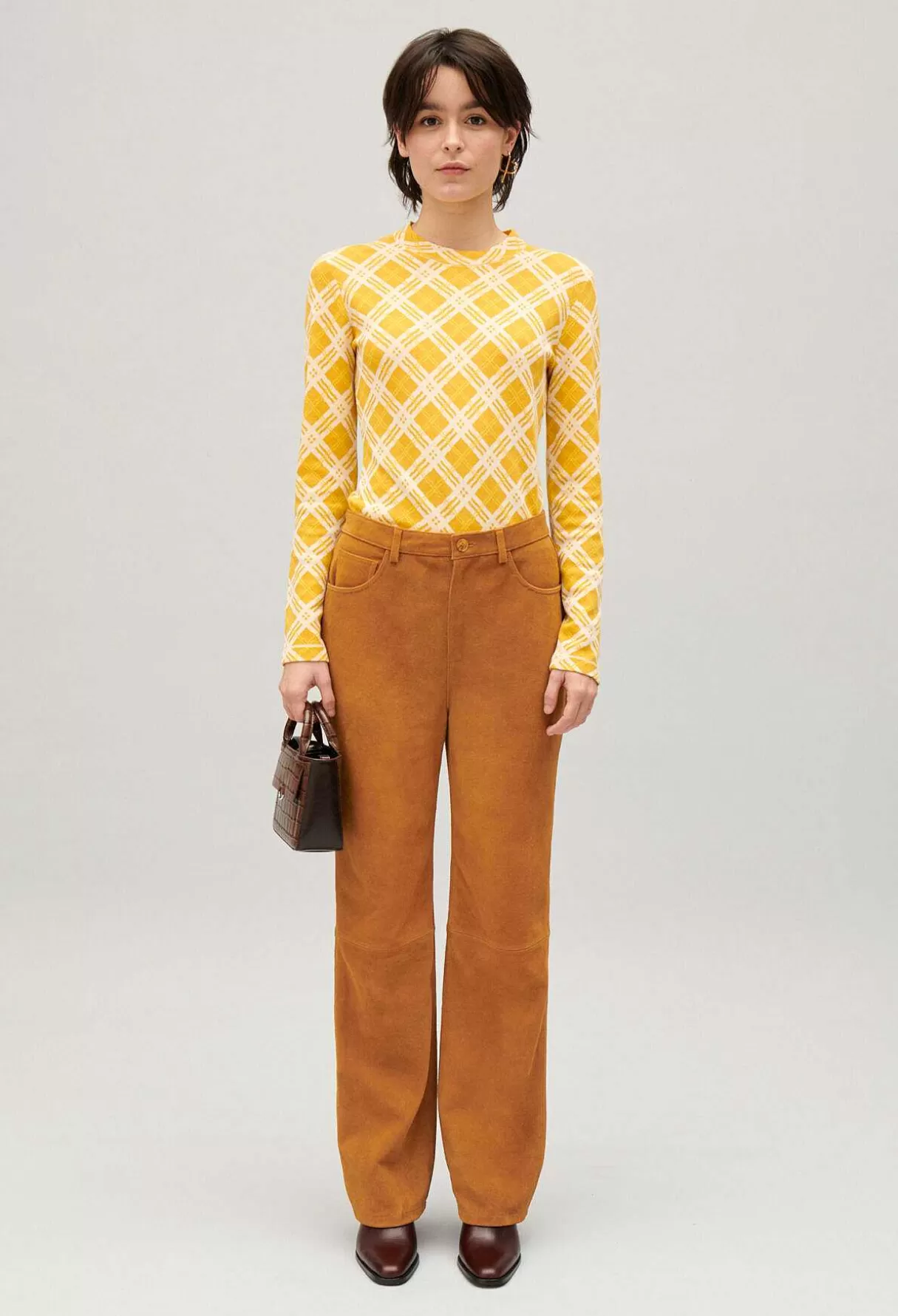 Claudie Pierlot Pantalon Cuir Suede Beige Fonce Discount
