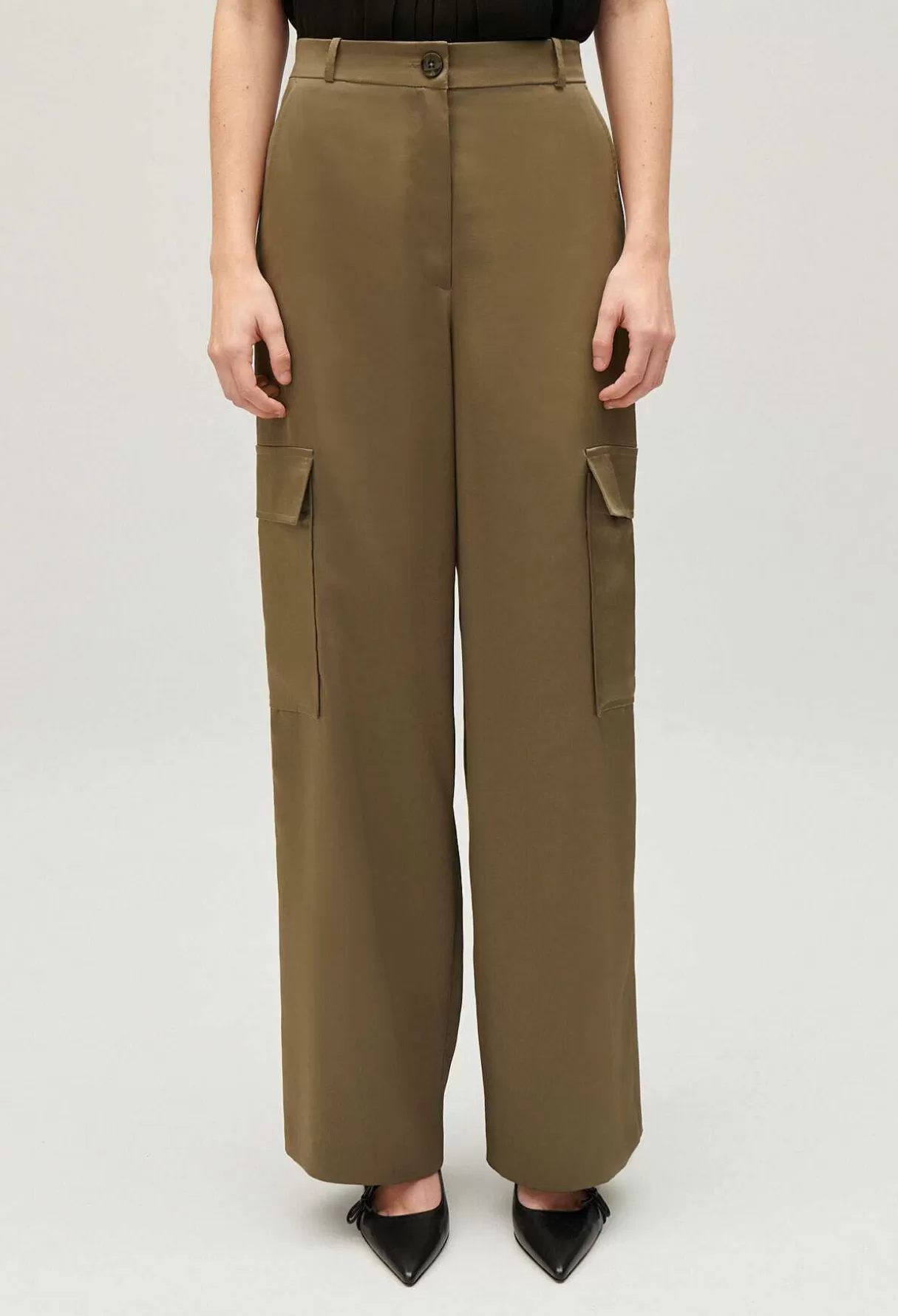Claudie Pierlot Pantalon Fluide Satine Cargo Kaki Clearance